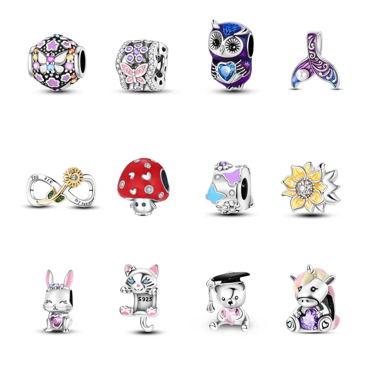 MULA Animal and Plant Charm Beads - 925 Silver and Enamel, Nature Style Bracelet and Necklace Charms for Women and Girls, Cute Animal and Flower Beads Fit All Pandora Bracelets and Necklaces