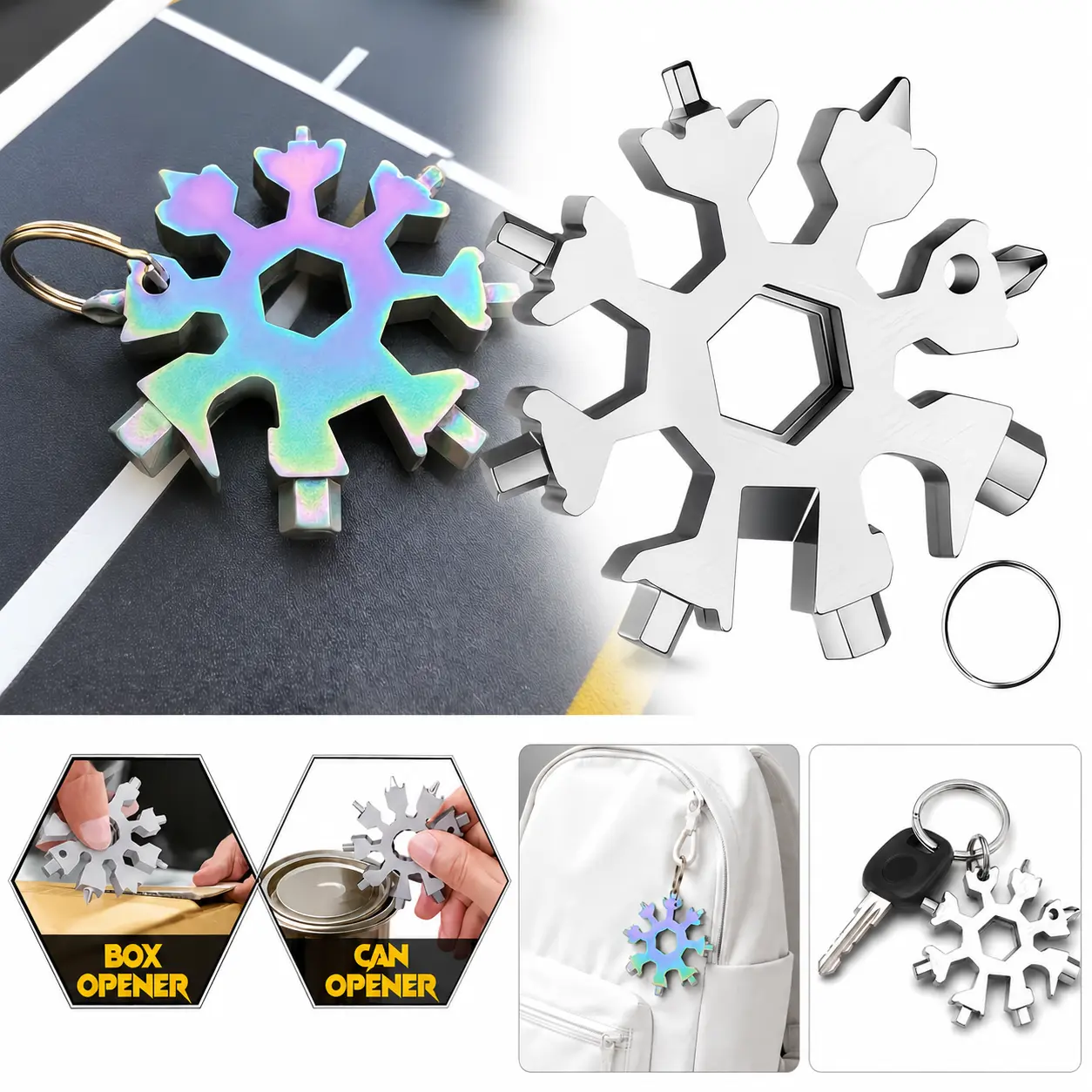 18-in-1 Snowflake Multitool Keychain, Stainless Steel Pocket Tool with Screwdrivers, Hex Wrenches and Bottle Opener for Camping, Hiking and Daily Carry furniture repair