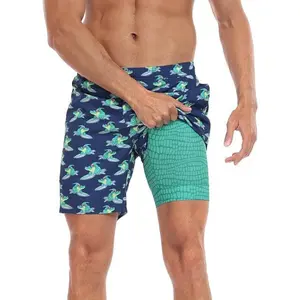 Men's Printed Swim Shorts 9 Inch with Built-in Compression Liner Quick Dry Beach Athletic Trunks Lightweight Summer Swimwear with Pockets