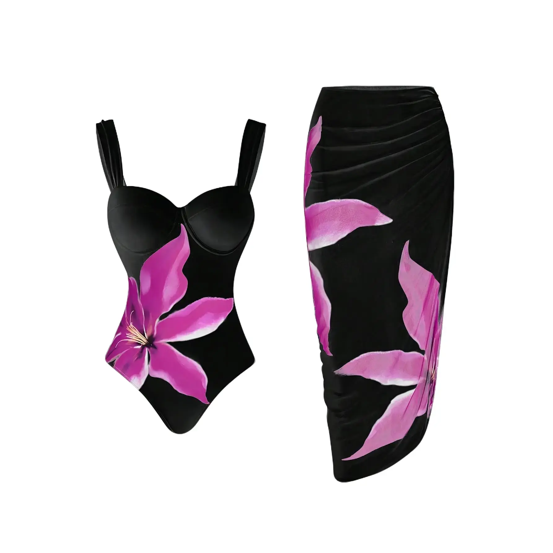 Women's Black & Purple Floral Underwire 1-Piece Bathing Suit with Ruched Sarong Set, Water-Resistant Vacation Swimwear, Sexy Style 1-Piece Swimsuits Set, One Piece Swimsuits
