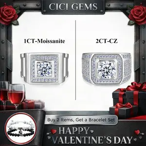 CICI GEMS 1CT Moissanite Men's Ring 2CT CZ for Man D VVS1 18K White Gold Plated Lab-Created Hypoallergenic Anniversary Birthday Gift HipHop Rapper Party Fine Jewelry