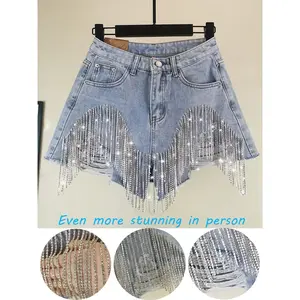 Women’s super bling rhinestone fringe denim shorts — fashionable casual pocketed denim shorts for daily outdoor wear; ladies’ bottoms suitable for all seasons. GARMENTARY