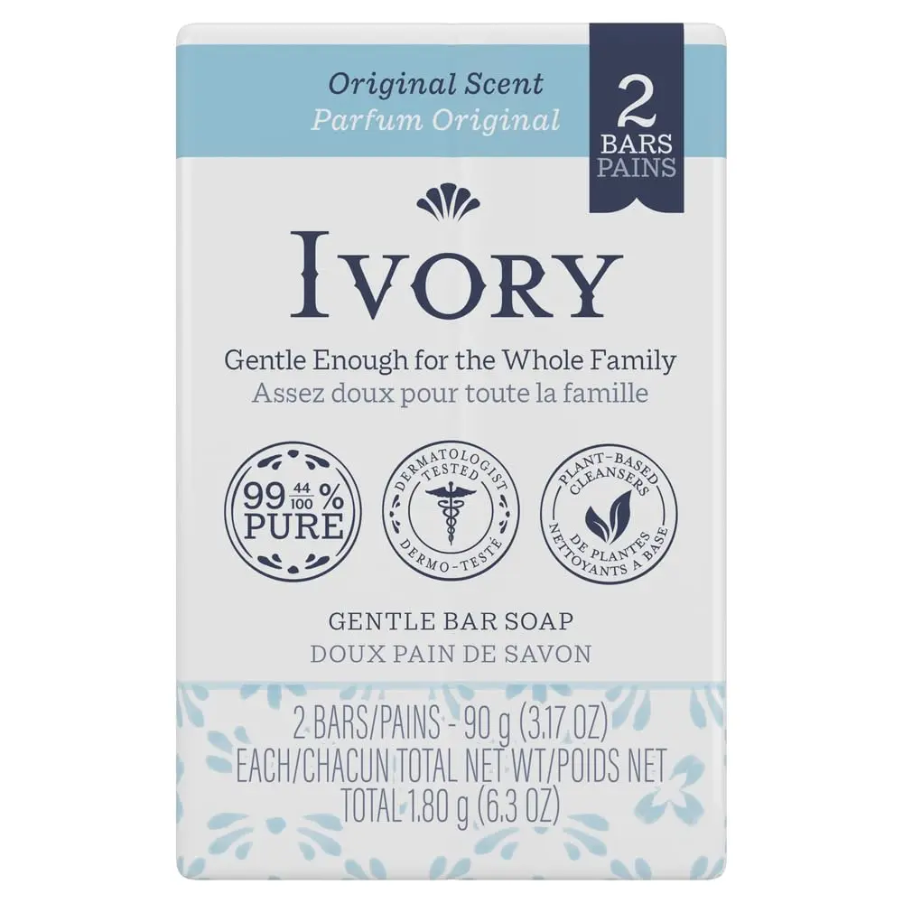 Ivory Gentle Bath Bar Soap, Designed for Whole Family, 99.44% Pure Formula with Plant-Based Cleansers, Made Without Heavy Perfumes, Parabens or Phthalates, Original Scent, 3.17 oz (2 Count)