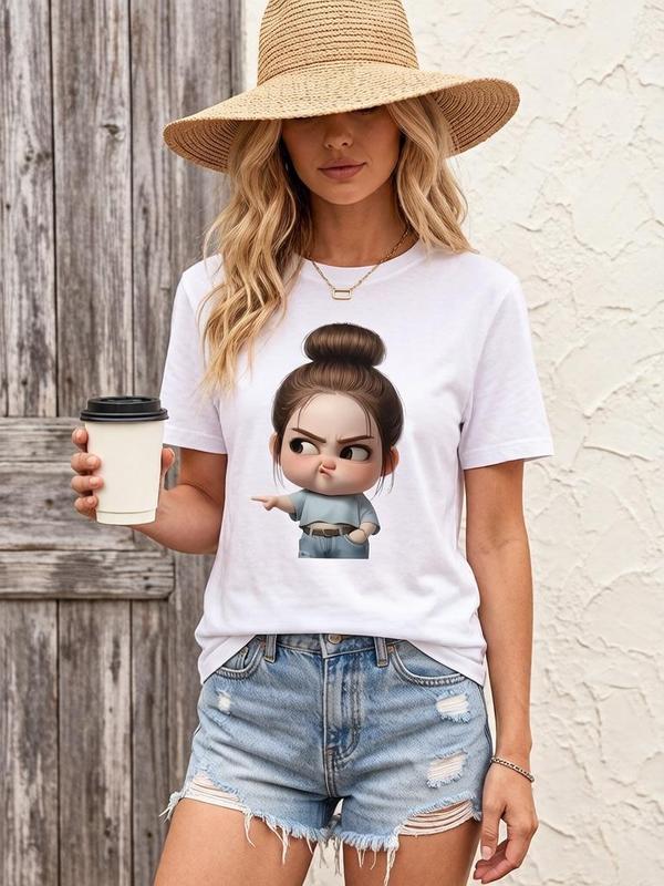Sohochic Women's Well-Fitted Short Sleeve Tops - Pure Cotton Crew Neck Funny Chibi Print Graphic T-Shirt, Lightweight Comfortable Fabric, Aesthetic Casual Streetwear for Daily & Beach Use, Machine Washable