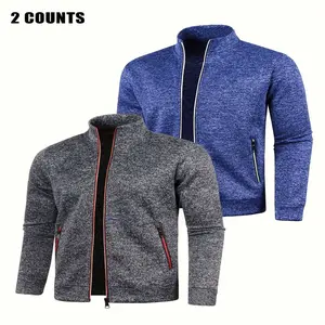 2-Pack Men'S Casual Sports Jackets, Autumn/Winter Solid Color Stand Collar Zippered Outerwear, 100% Polyester Knit Fabric, Long Sleeve with Pockets, Regular Fit - 210gsm