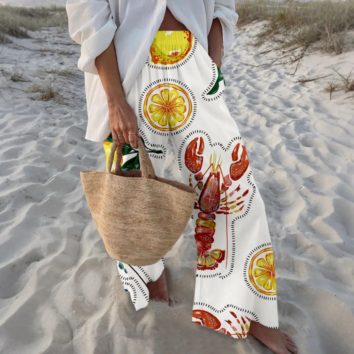 Wide-Leg Pants for Women with a Lobster & Lemon Print, Comfortable Casual Style with an Elastic Waist for a Lady's Summer Vacation, Tank Top, Bottom