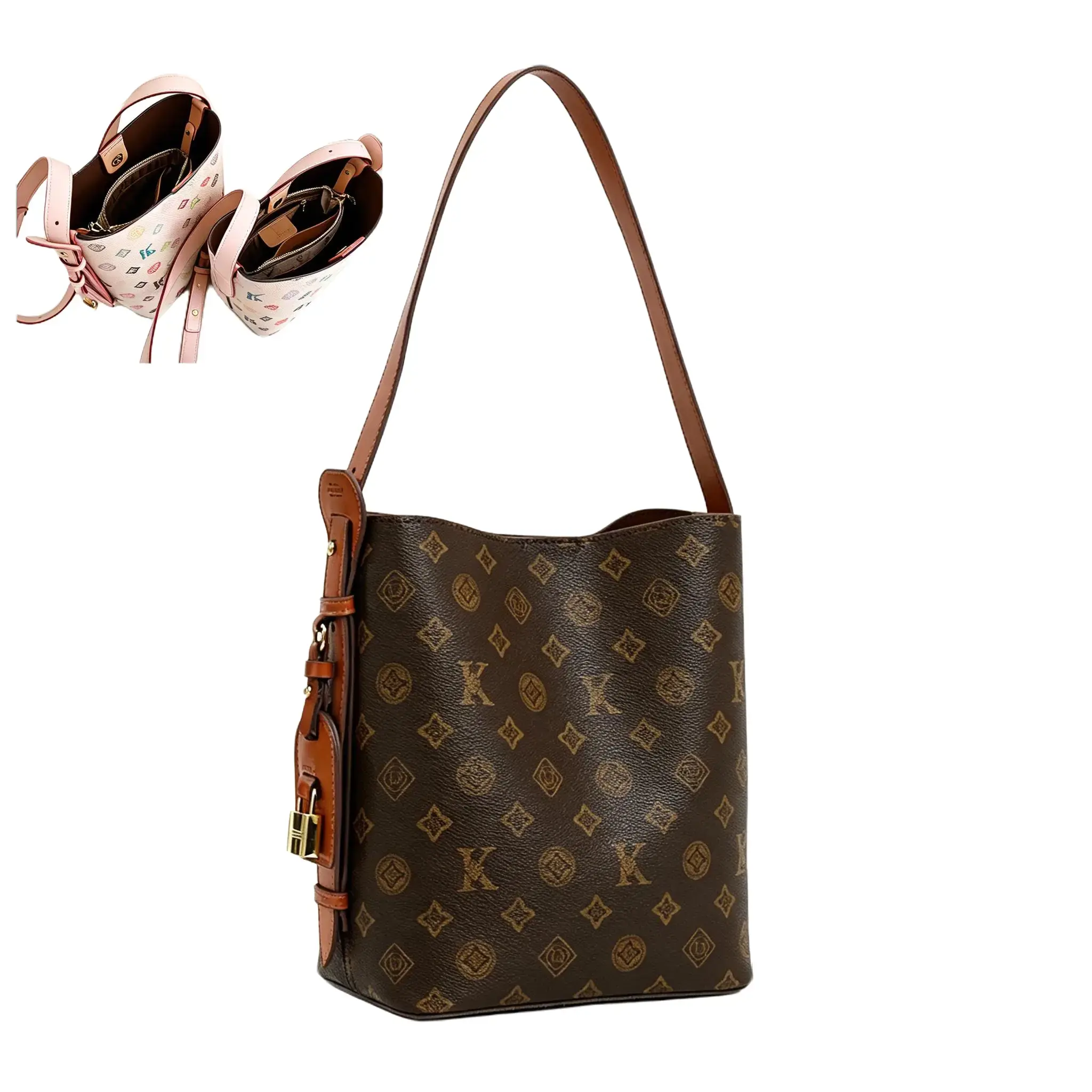 Women's 2026 New Arrival Premium-Quality Vintage Printed Beige Bucket Bag, Crossbody & Shoulder Tote