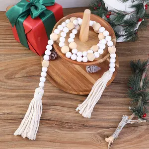 1pc Wood Bead Garland With Tassels, Farmhouse Wooden Beads Strand Rustic Bead Garland For Mantel, Table Centerpiece, Christmas Tree, Holiday Party, Boho Home Decor, Rustic Christmas Decorations For Living Room Bedroom, Gift
