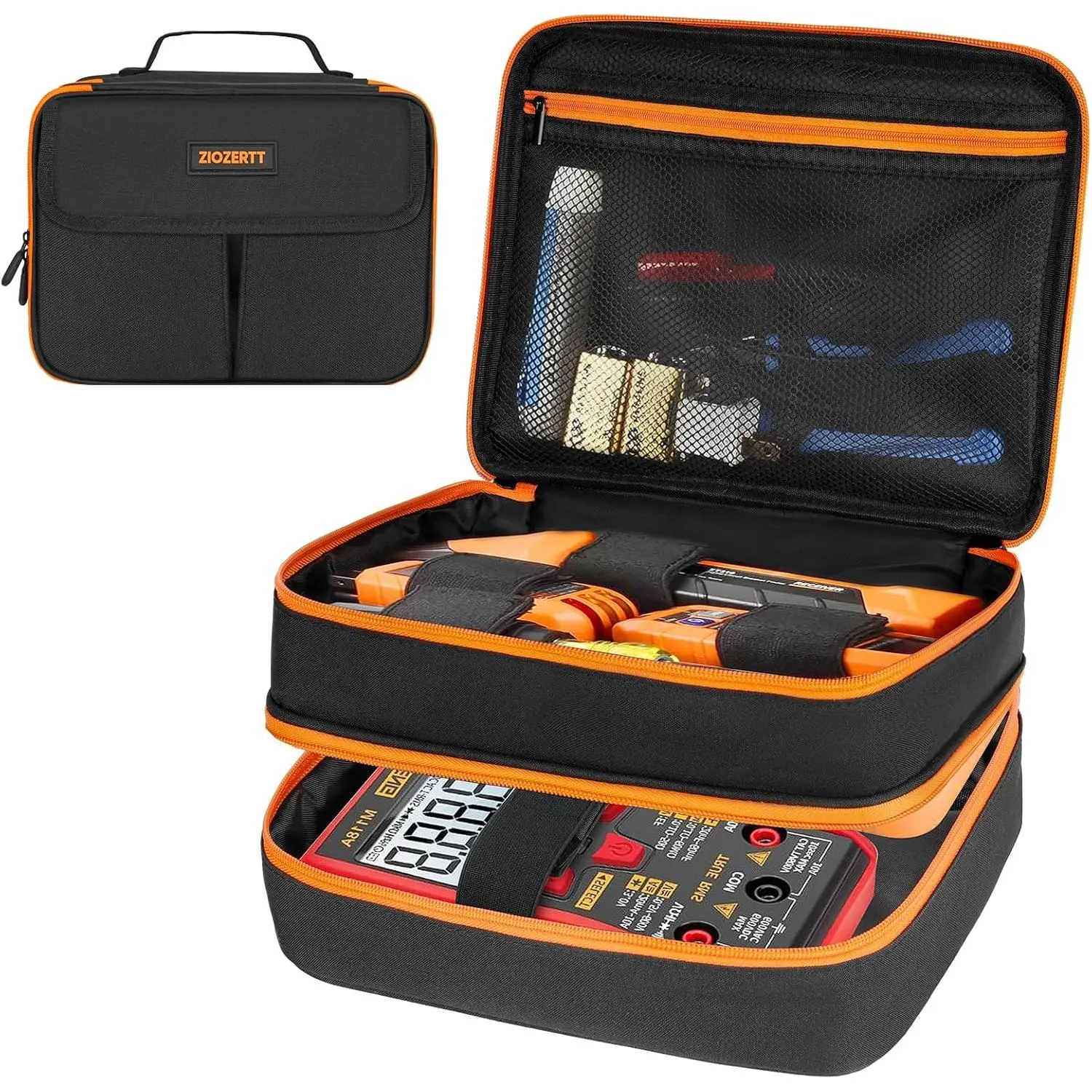 Portable Compact Electrician Tool Bag - 2-Pocket (1 Front Pocket) Home Storage Organizer, 10.7*4.7*8 in, 6 Elastic Bands for ET310 AC Circuit Breaker, GFCI Outlet Test Kit, Multimeter, Clamp Meter, Klein Tools Compatible