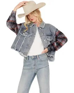 Miss Me Women's Medium Wash Denim Plaid Crochet Back Cropped Jacket - Mj0513l