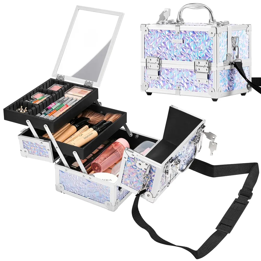 【Built-in Mirror】Yaheetech Makeup Train Case, Lockable Cosmetic Organizer Box with 2 Trays, Large Compartment & Adjustable Dividers for Nail Art, Makeup Tools and Jewelry