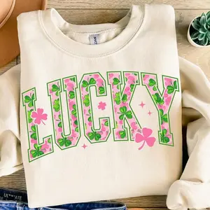 Lucky St Patrick's Day Sweatshirt, St Patricks day Pullover, Pink Shamrock Shirt, Coquette St Patrick day Fabric Menswear Crewneck