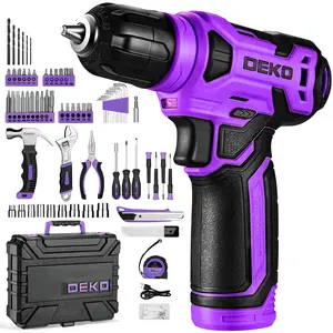 DEKO PurpleTool 8V Cordless Drill Tool Kit For Women, 126-Piece Home Repair Tool Set With Portable Organizer Case, Lightweight Electric Screwdriver Kit For DIY Projects And Household Repairs fathersdaygift