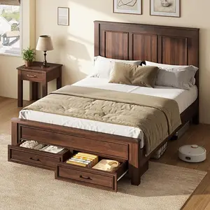 VanAcc Farmhouse Bed Frame with 52.2" Tall -Panel Headboard & Footboard, Wood Platform Bed Frame with 3 Large Storage Drawers, Noiseless, No Box Spring Needed