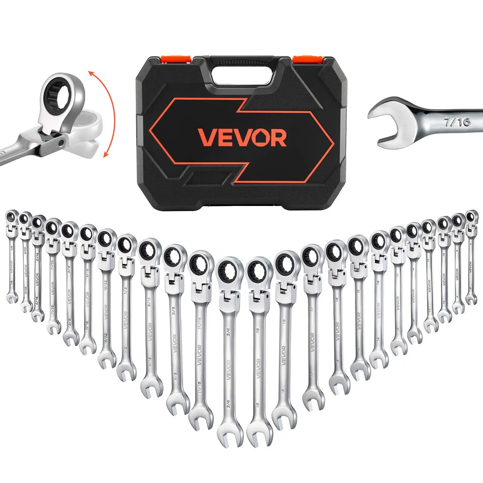 【Summerfinds】VEVOR 24-Piece Flex-Head Ratcheting Wrench SetSAE & Metric Multifunctional Adjustable Combination Ratchet Wrenches72-Teeth Cr-V Steel Car & Automotive Tools with Storage CaseSilver for Household Repairs, Multifunctional Wrench, Adjustable,