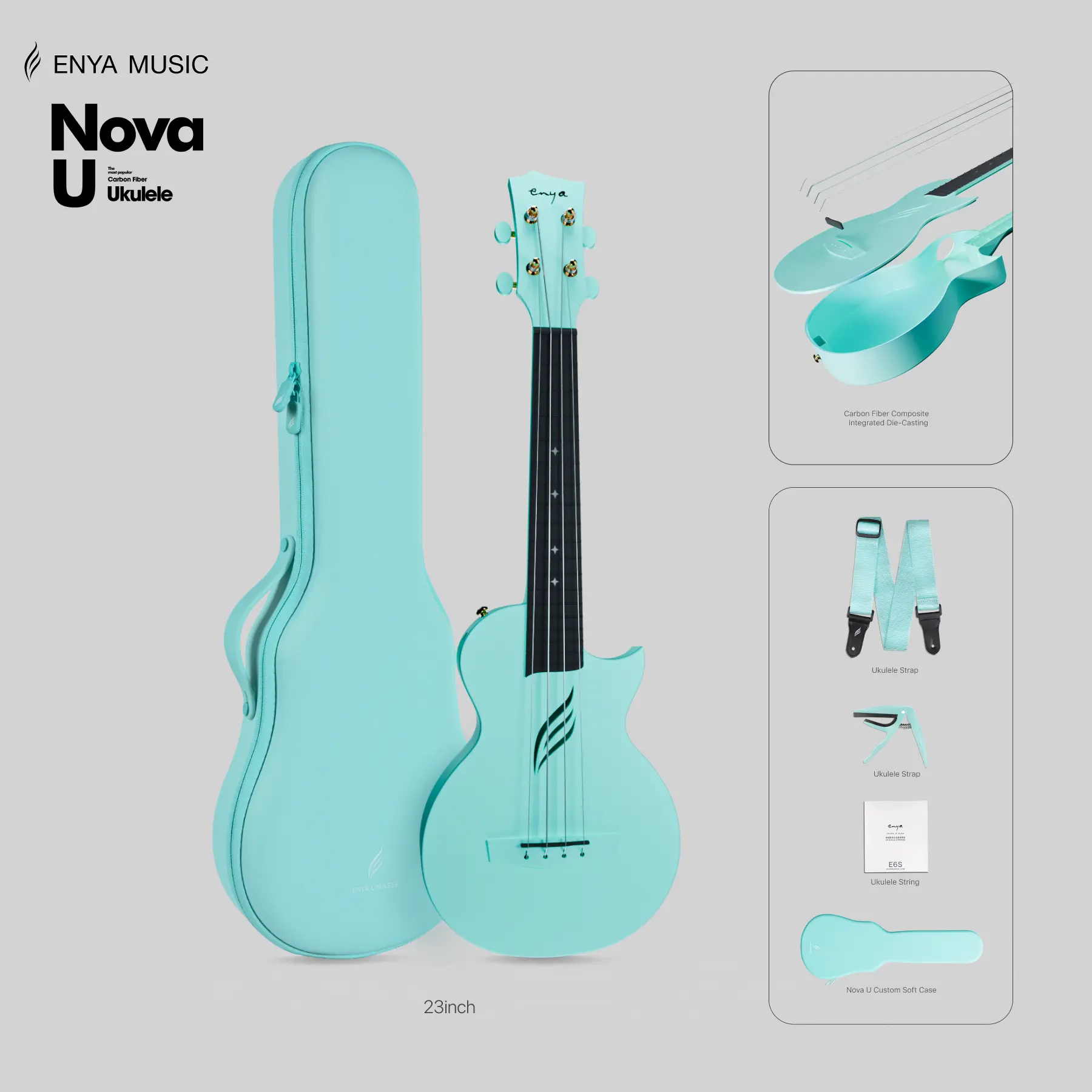 【Enya Nova U Concert Ukulele】Carbon Fiber Nova U 23"/Nova U Mini 21" -Waterproof Travel Ukulele with Case, Strap & Capo - All Weather Performance for Beginners & Travelers, #Summervibes,