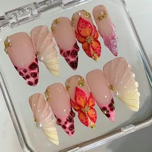 3D Tropical Flower Press On Nails: Shell & Orchid Stiletto Nail Art