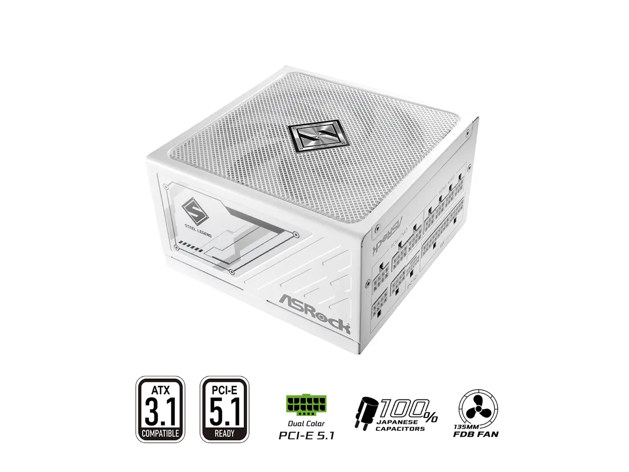 ASRock Steel Legend SL-850GW 850W 80 PLUS GOLD & Cybenetics PLATINUM Full Modular Power Supply, ATX3.1 & PCIe5.1 Ready with Dual Color 12V-2x6 Cable, 10 Years Warranty, White Edition