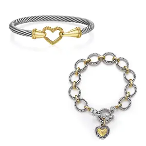 Mother's Day Gifts | Aprilery Heart Hook Cable Cuff – Romantic Two-Tone Bracelet Symbolizing Love, Mixed Metal Jewelry for Women Boho Style Bangles Pure Copper Beaded Trendy Fashionable Accessories