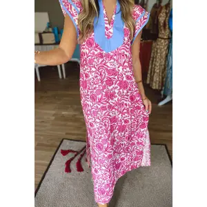 Pink Floral Print Color Block Patchwork V Neck Short Sleeve Midi Dress