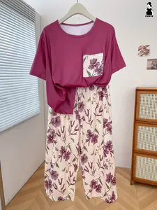 Plus Size Women's Pajama Set, Short Sleeve Top and 7/8 Pants, Floral Pattern, Loose Fit, Comfortable Home Wear, Ideal for Relaxing at Home, Loungewear, Nightwear