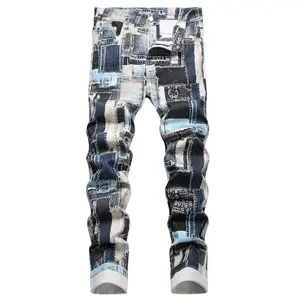 1pc Men's Stretch Slim Fit Denim Jeans with Laser Digital Print, Washed Polyester Blend Mid-Rise Casual Pants, Built-in Zipper & Machine Washable for All-Season Wear, Comfortable Fashion, Durable Fabric