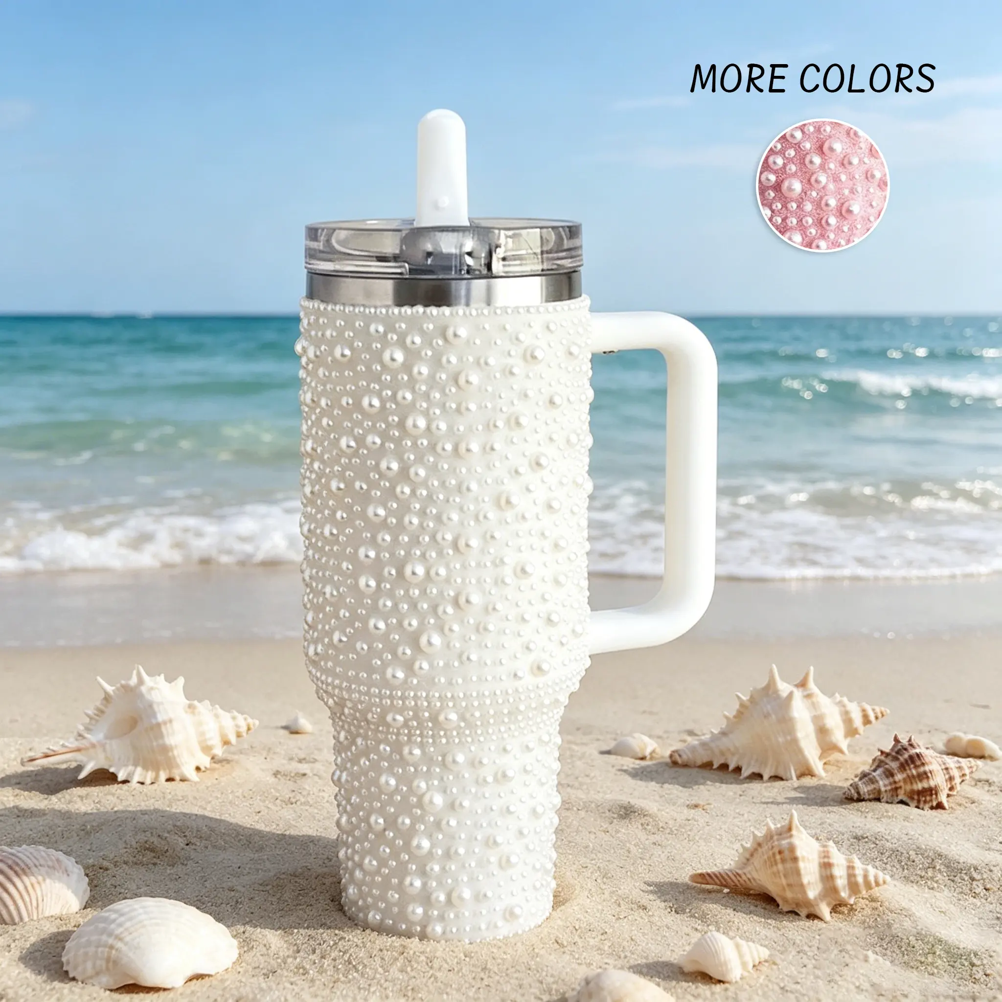 40oz Pearl Rhinestone Coffee Tumbler with Handle & Straw - Portable Leakproof Stainless Steel Insulated Flask, Cup Holder Friendly Base, Insulated Cocktail Tumbler Lid, Flasks