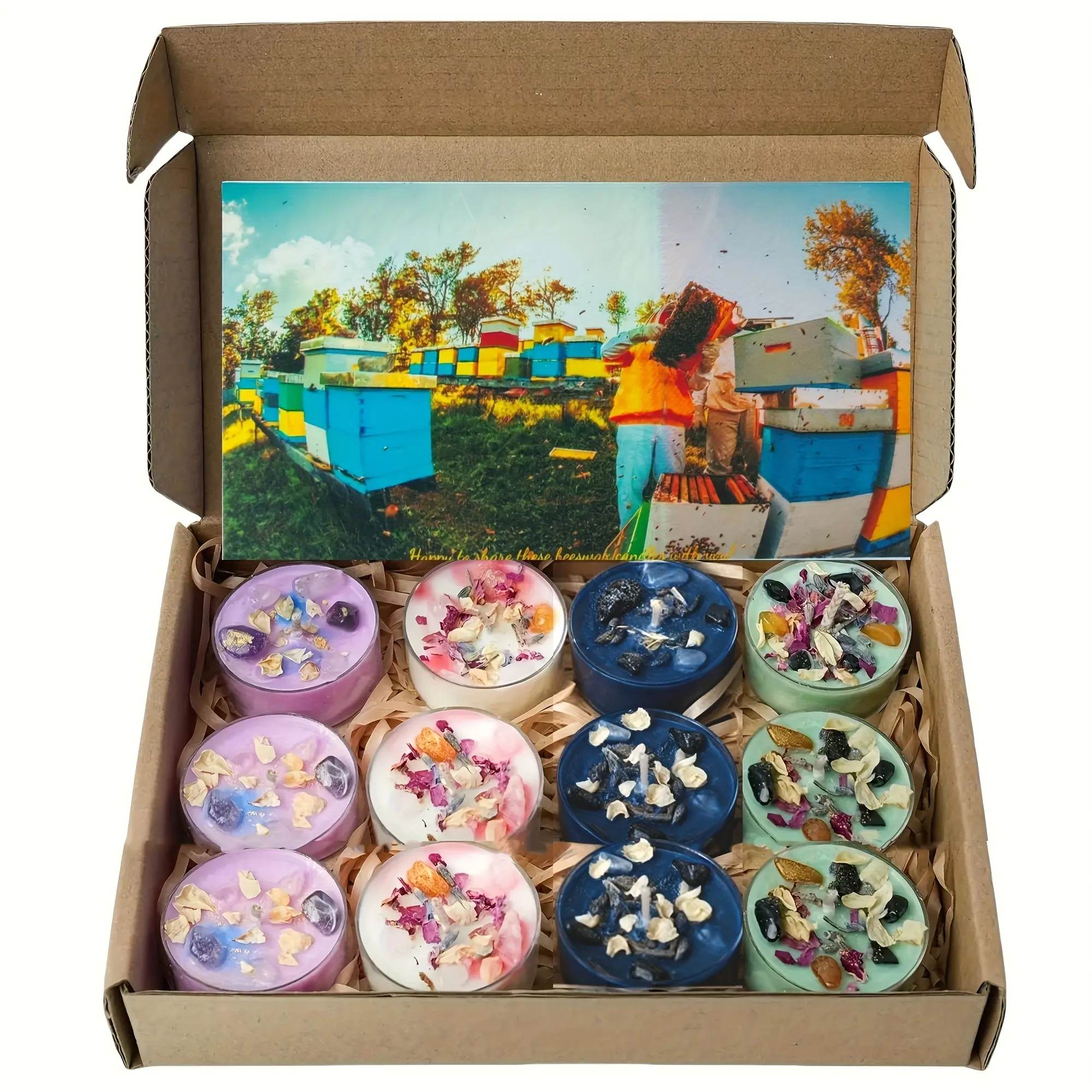 12-piece set of crystal tea candles with 4 scents, soy wax aromatherapy candles, handmade crystal dried flower decorations, home fragrance, great gift. Includes a mix of 4 different scents, suitable as a gift for any candle lover decor