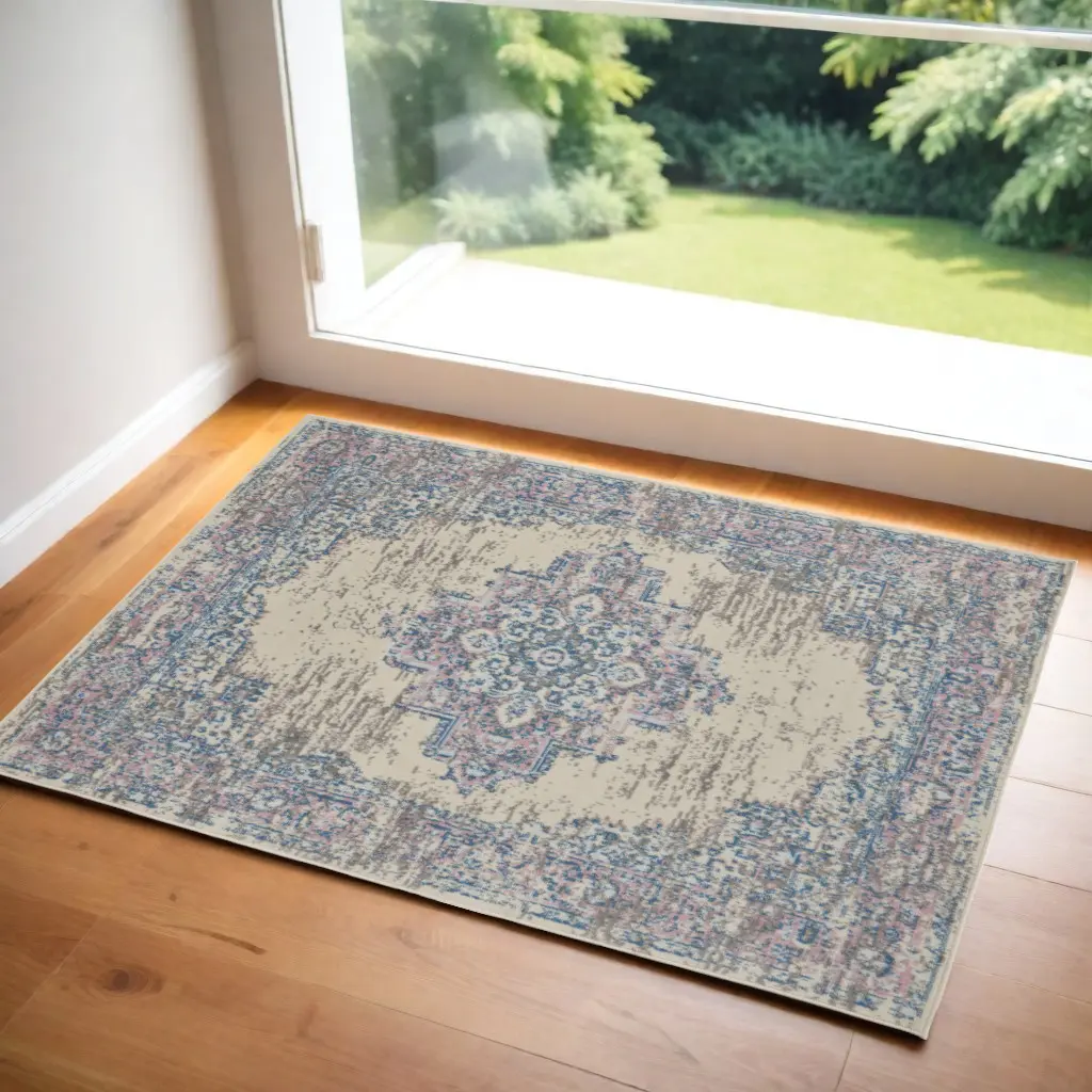 212 MAIN 3x5 ft. Powerloomed Transitional Medallion Distressed Stainproof Non-Skid Rectangle Area Rug, Ivory with Colorful Pink & Blue Accents