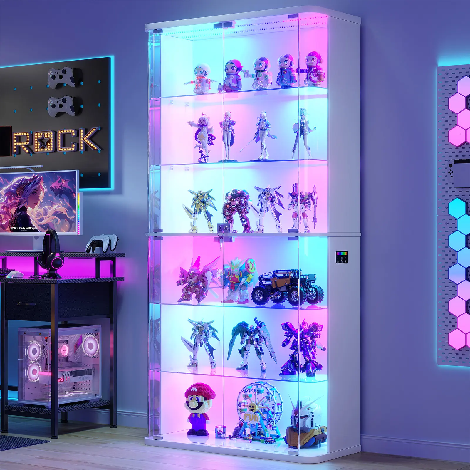 Vlsrka 71" Tall Display Cabinet with Glass Doors, Rounded Curio Cabinet with Motion Sensor RGB Lights, 6-Tier Lockable Display Case for Collectibles & Action Figures, Trophy Case for Living Room