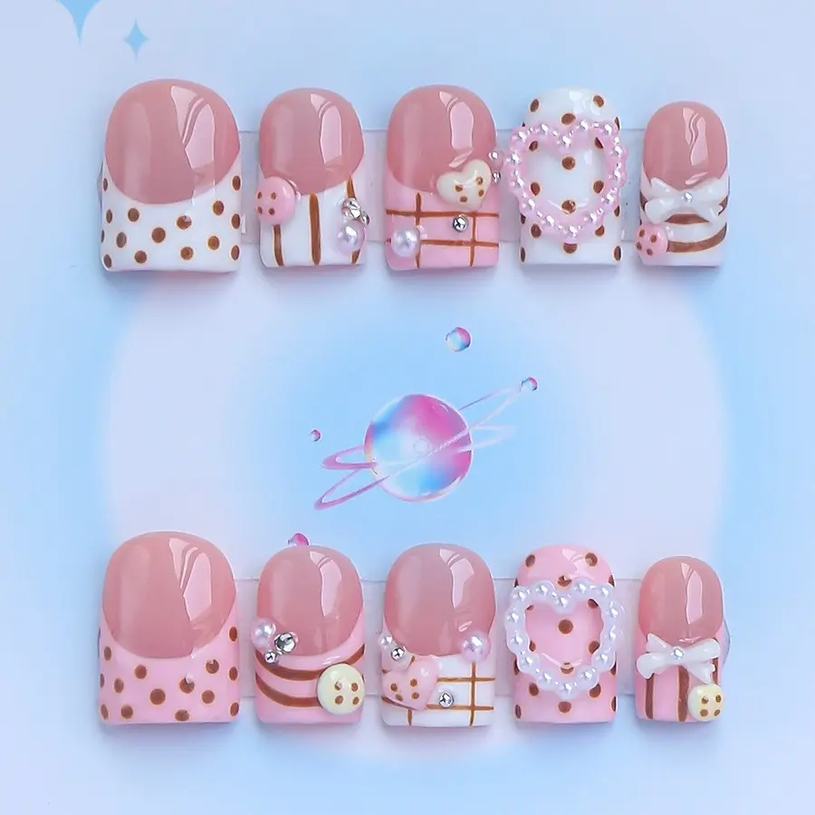 Nailssbysheccid, 10pcs press-on nails, Fake nails, Decorative nails, square shape, 100% handmade, simple style, French style, 3D, suitable for family dinners, dates, weddings, comes with jelly glue, crystal sticks and twisting rods