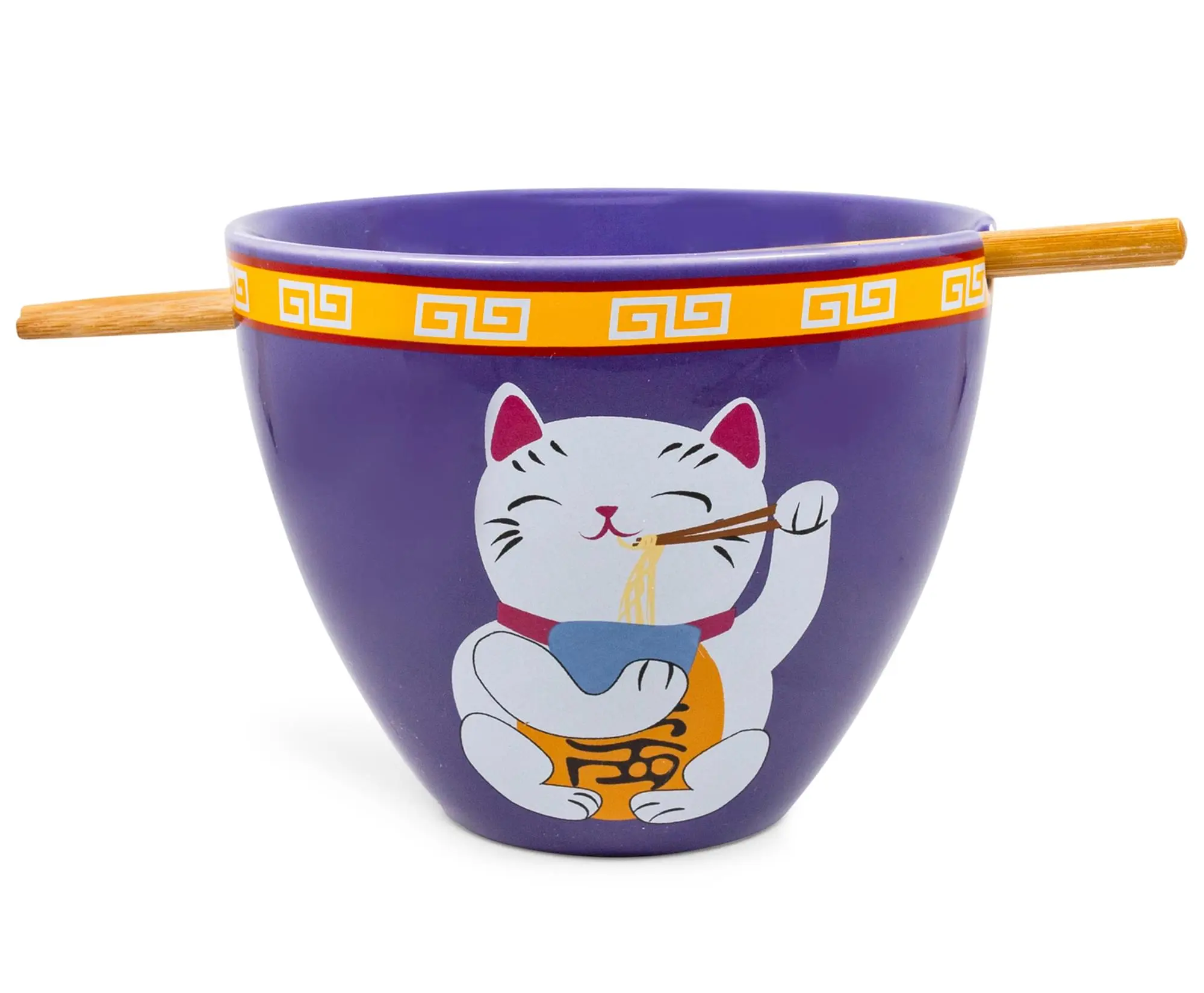 Bowl Bop Stylish Purple Lucky Cat Japanese Tableware Set - 16-oz Noodle Ramen Bowl, Chopsticks Cutlery