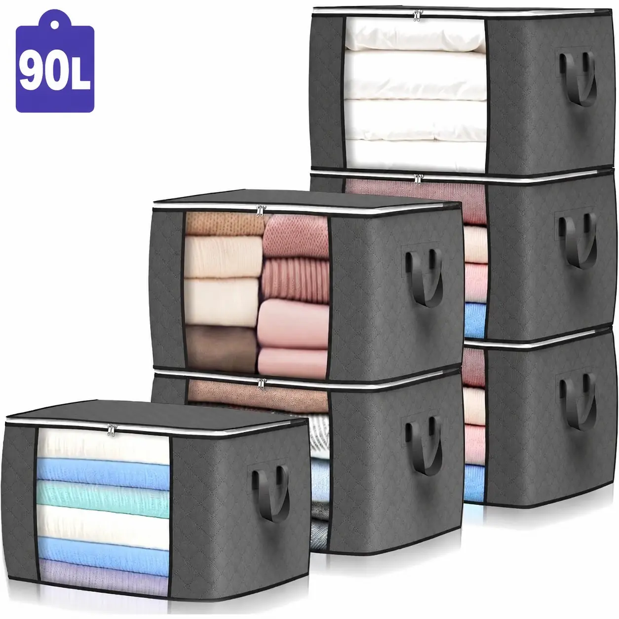 Dustproof 2/4/6/8-Pack 23.78 Gal Large Storage Bags - Foldable Closet Organizer Bins with Reinforced Handles for Clothes, Blankets, Toys - Gray, Durable Pouch