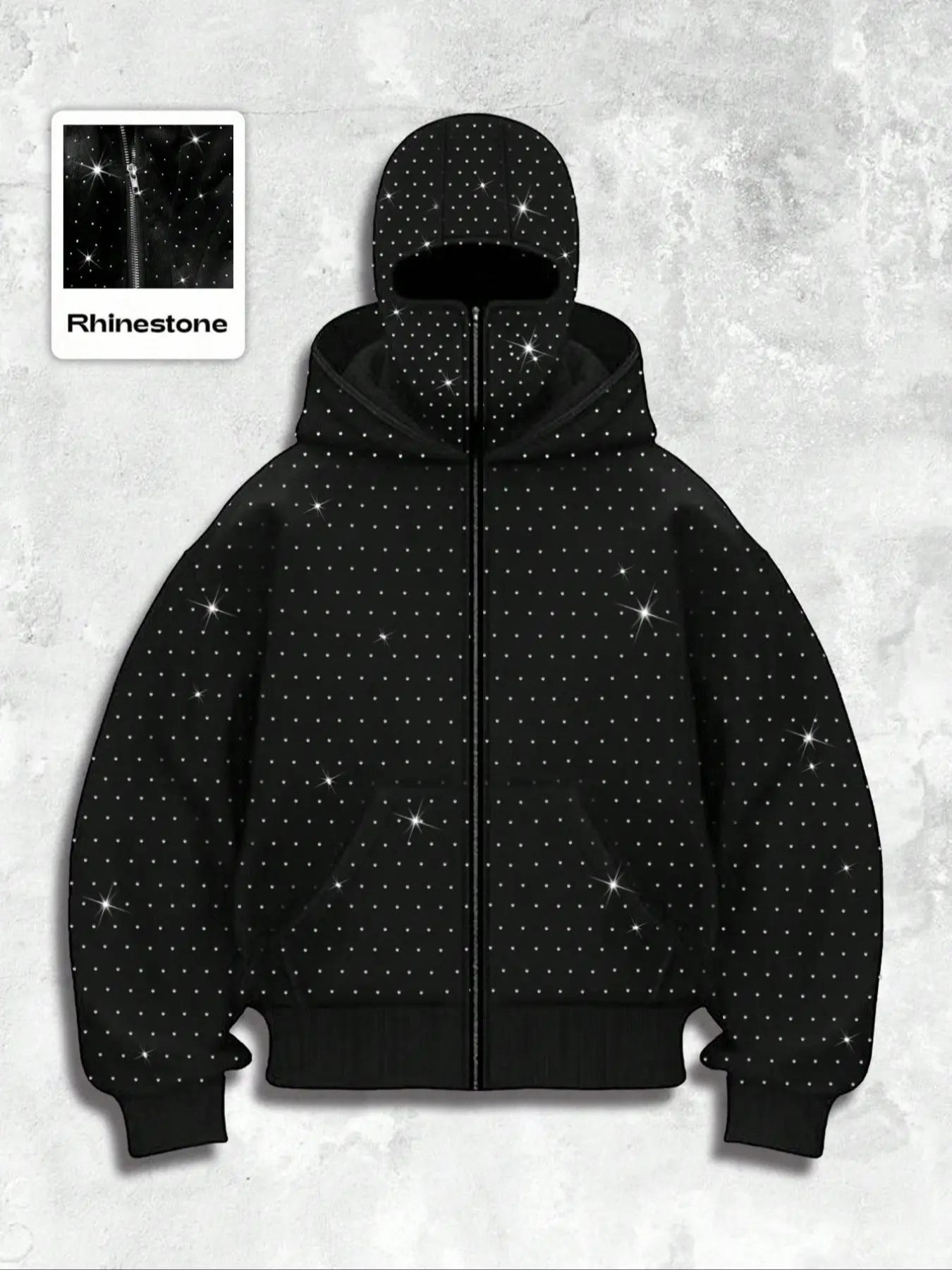 Men's Street Style Casual Rhinestone Long Sleeve Hooded Sweatshirt, Pocket and Zip Design, Fall & Winter Wear, Geometric Pattern, Fitted Fit, Streetwear