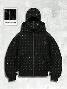 Men's Street Style Rhinestone HooMen's Street Style Rhinestone Hooded Sweatshirt, Pocket and Zip Design, Fall & Winter Wear, Geometric Pattern, Fitted Fitded Sweatshirt, Pocket and Zip Design, Fall & Winter Wear, Geometric Pattern, Fitted Fit
