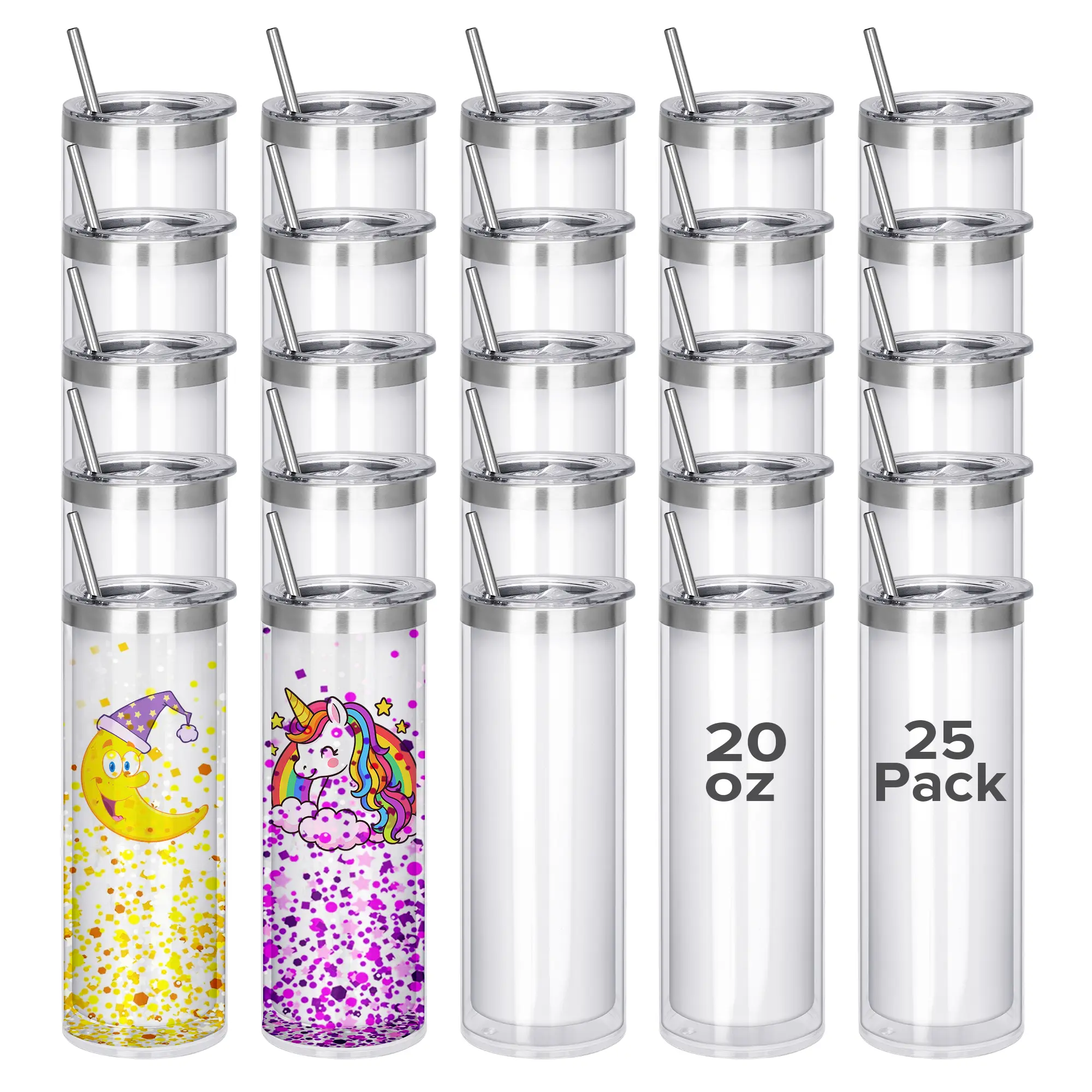 FASTSUB 20 oz Sublimation Skinny Snow Globe Tumbler Cup Set (25 Pack) - Portable Reusable Washable Double Wall Water Bottle with Lid, for UV DTF, DIY Custom-Printed Use (includes double wall instruction)