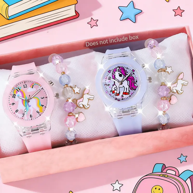Fashionable Cute Girly Unicorn Glowing Quartz Set, Colorful Pony Star Bracelet Jewelry, Back-To-School Gift, Daily Wear