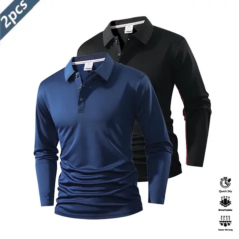 Men's 2-Piece Quick-Dry Polo Shirts - S, Classic, Casual, Collared Neck, Contrast Color Textured Performance Tops, Speed Dry Polo Shirts for Golf, Golf Fit Clothes Products