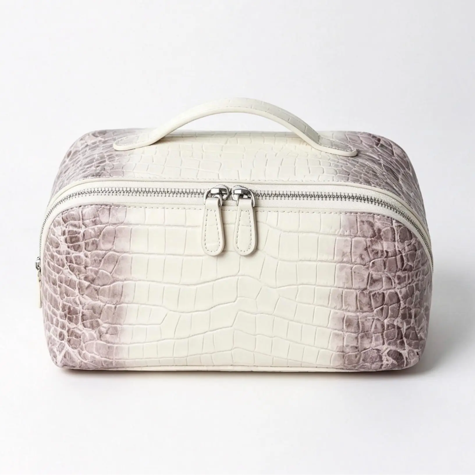 Makeup Train Case for Women, 100% Genuine Cowhide Leather Travel Cosmetic Organizer, Crocodile Embossed Beauty Storage Bag with Brush Holder & Double Zipper, Large Capacity Toiletry Case