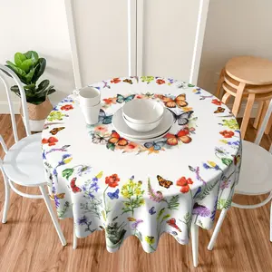 EastJia 1pc Classic Polyester Round Tablecloth - 2D Flat Graphic Print, Flower Butterfly Design, Durable, Easy to Clean, Machine-Made, Ideal for Party Dining & Room Decor,summervibes