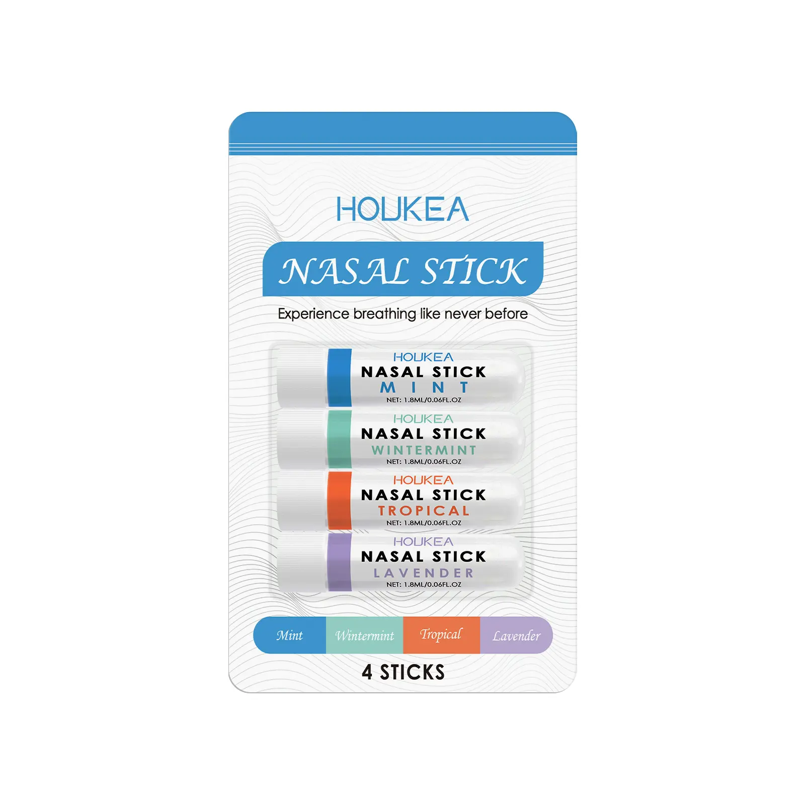 Houkea Nasal Inhaler - Natural & Gentle 4 Pack with Lavender & Mint Extracts for Fresh Air & Healthy Breathing - Peppermint, Lemon, Jasmine, Rosemary, Ginger, Aloe Vera Leaves