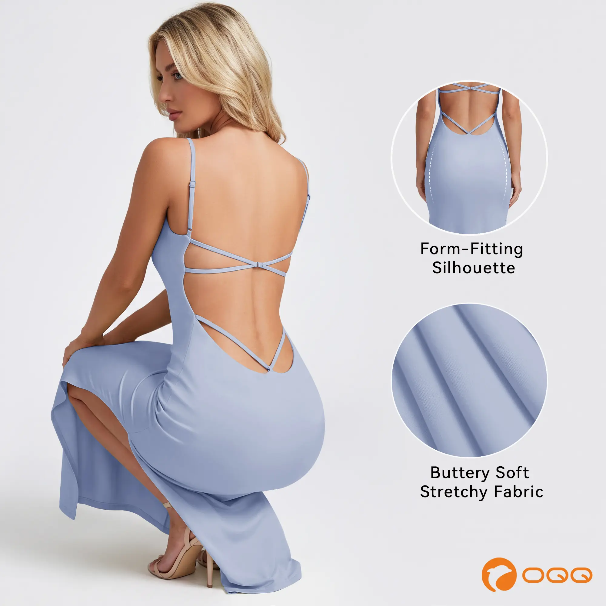 OQQ Women's Backless Maxi Dress Spaghetti Strap Bodycon Long Dresses with Stretchy Form-Fitting Party  Dress