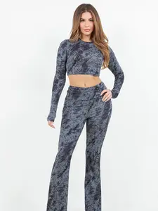 Women's Marble Printed Mock Neck Long Sleeve Tee & Flare Leg Pants Loungewear Set Casual Comfy All Seasons Sleepwear Pajama Sets Tie Dye Mineral Wash Matching Top & Bottom Ladies Homewear Womenswear