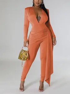 Sexy Women's Deep V Neck Long Sleeve Ruched Belt Design Bodycon Jumpsuit, Comfortable Trendy for Daily Party Events