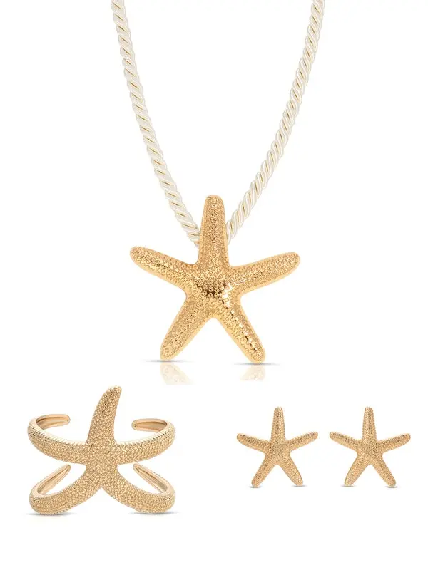 Ettika Starfish Jewelry Set 18K Gold Plated Coastal Necklace, Earrings & Cuff Set for Women