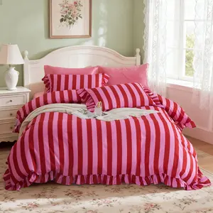 Vintage Ruffle Bedding Set, Striped Pattern 3-Piece Set, Includes 1 Duvet Cover and 2 Pillowcases,No Insert  Soft Comfortable Fabric