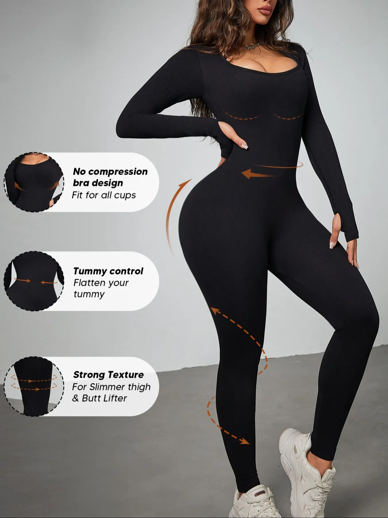 Women's Ribbed Long Sleeve Shaping Solid Color Workout Yoga Sporty Activewear Jumpsuit – Scoop Neck Full Body Tummy Control Unitard with Built in Bust Support & Butt Lift (Black) Ribbed Fitted Jumpsuit Yoga Workout Jumpsuits