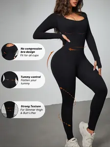 Women's Ribbed Long Sleeve Shaping Solid Color Jumpsuit – Scoop Neck Full Body Tummy Control Unitard with Built in Bust Support & Butt Lift (Black)
