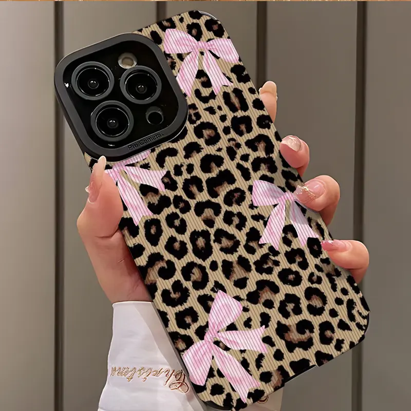 Bow Leopard Print Shockproof Anti Drop Ultra-Thin Protective Phone Case Cover Casing for iPhone 17/16/15/14/13/12/11/plus/pro Max, Dust-Proof Protection Gift Idea Accessories Stylish Protective Cover