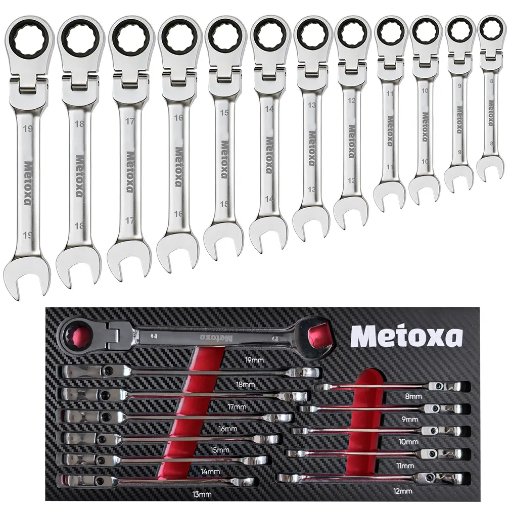 METOXA 12-Piece Metric Flex-Head Ratchet Set, 8-19mm Chrome CR-V Combination Wrenches with EVA Tray, 72-Tooth Fast Turn Drive for Steady Torque, Mechanic Tools for Auto Repair & DIY Maintenance